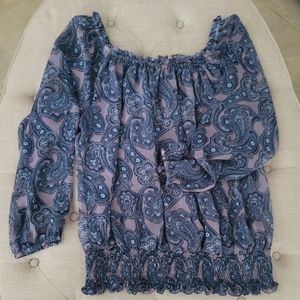 MICHAEL KORS 1X Paisley Ruffle Banded Top Blouse Sheer Cold Off the Shoulder